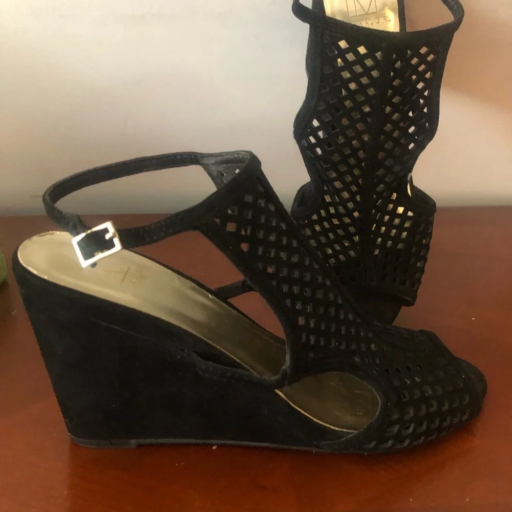 Material Girl Black Cutout Slingback Wedge Sandals